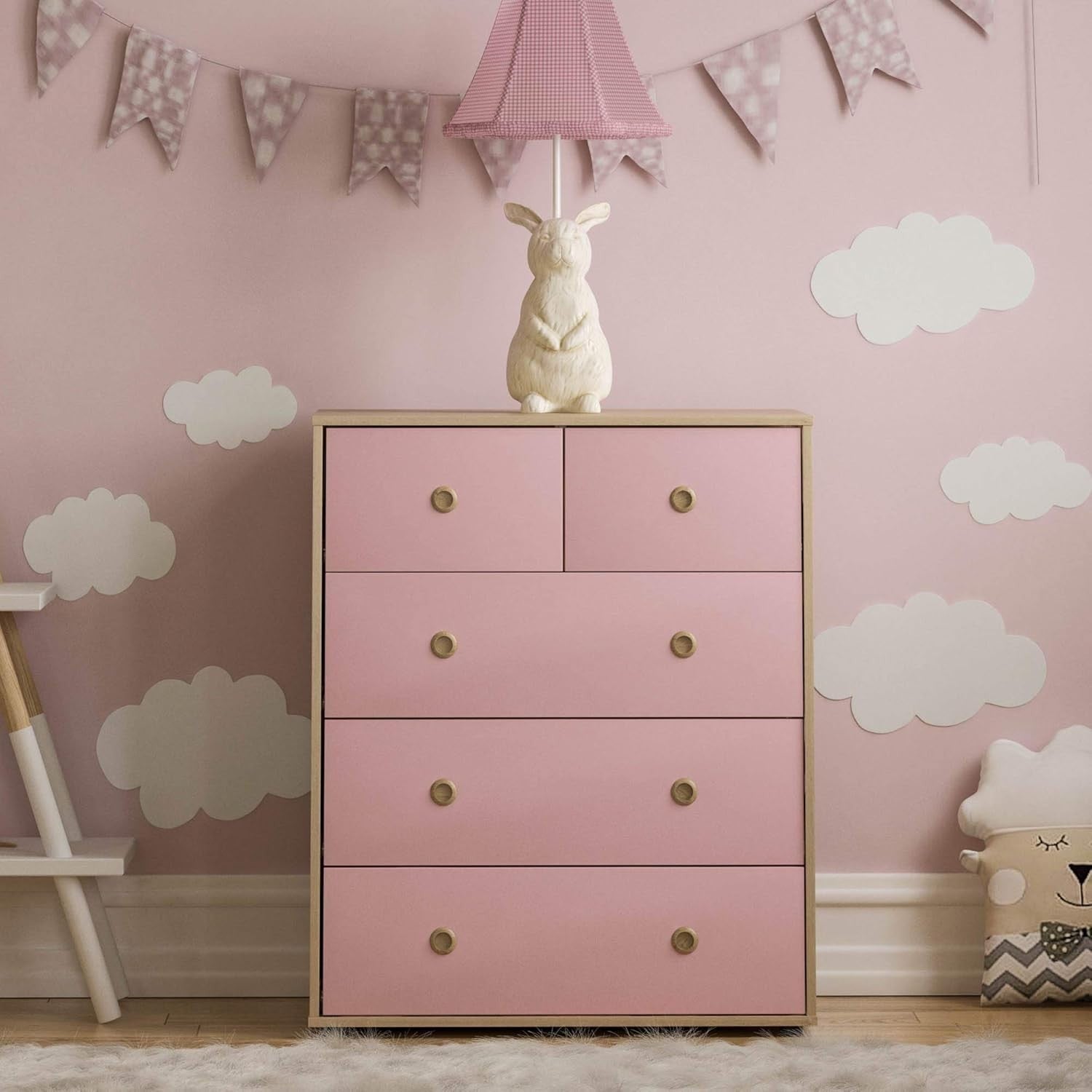5 Drawer Chest Modern Bedroom Storage Cabinet Kids Furniture Pink Oak