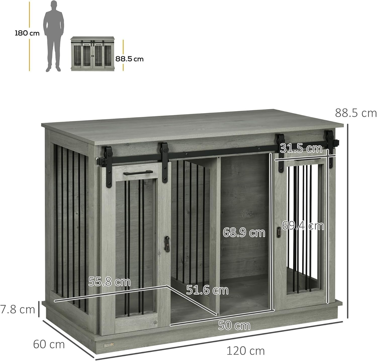 Large Grey Dog Crate Furniture with Divider, Sliding Doors & Side Table 120x60x8