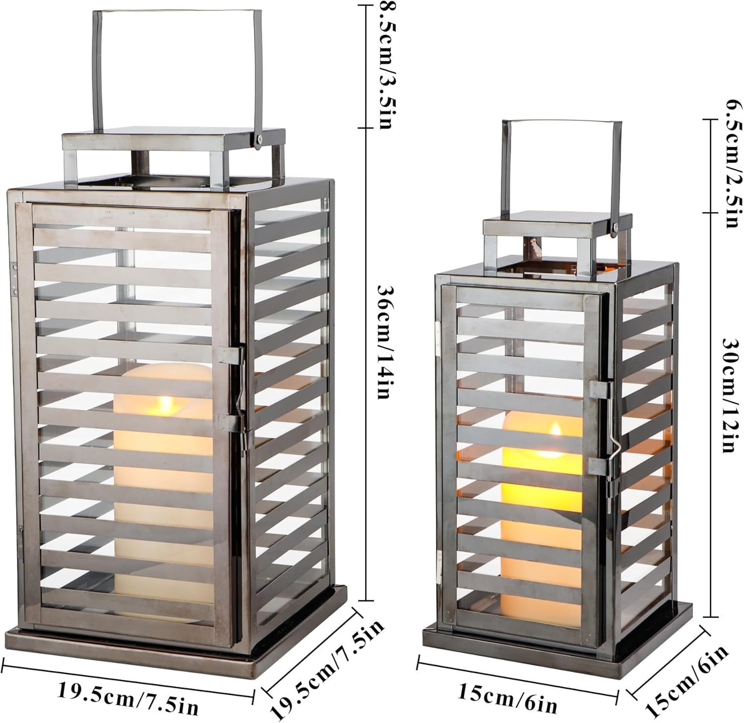 Set of 2 Black Stainless Steel Candle Lanterns 38 cm