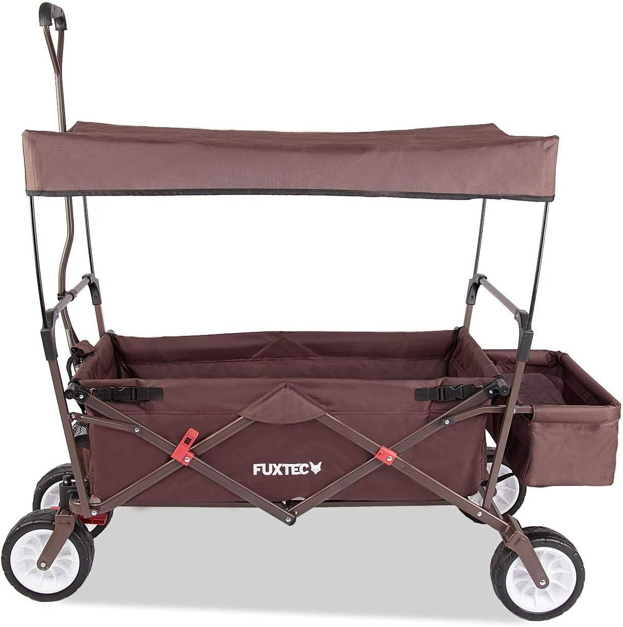 Brown Folding Wagon w/ Canopy Compact Pull Cart Garden Trolley w/ Rear Bag