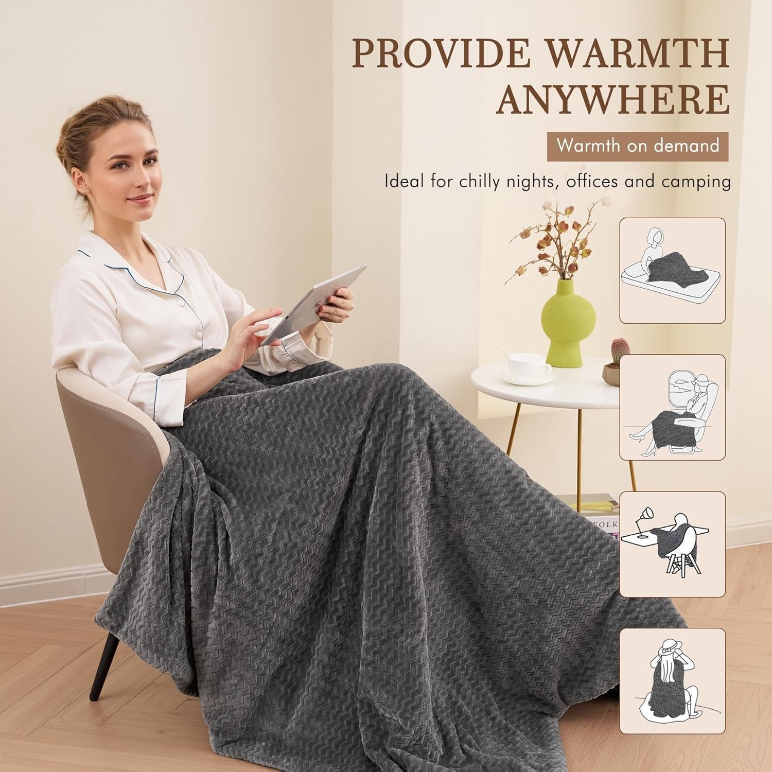 Electric Heated Throw Blanket 6 Heat Settings Auto Off Washable 130x180cm