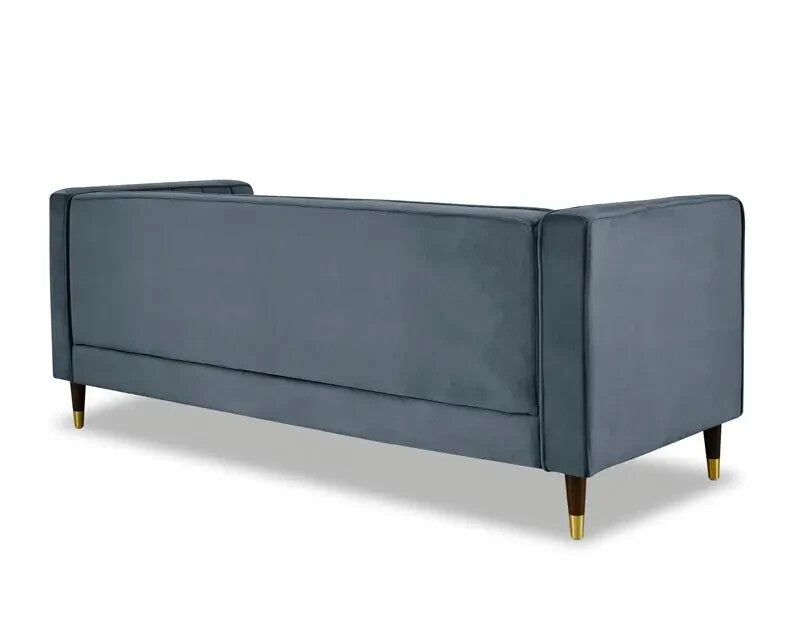 Grey Velvet 3 Seater Sofa Ribbed Back Gold Tip Legs High Arm Modern Couch
