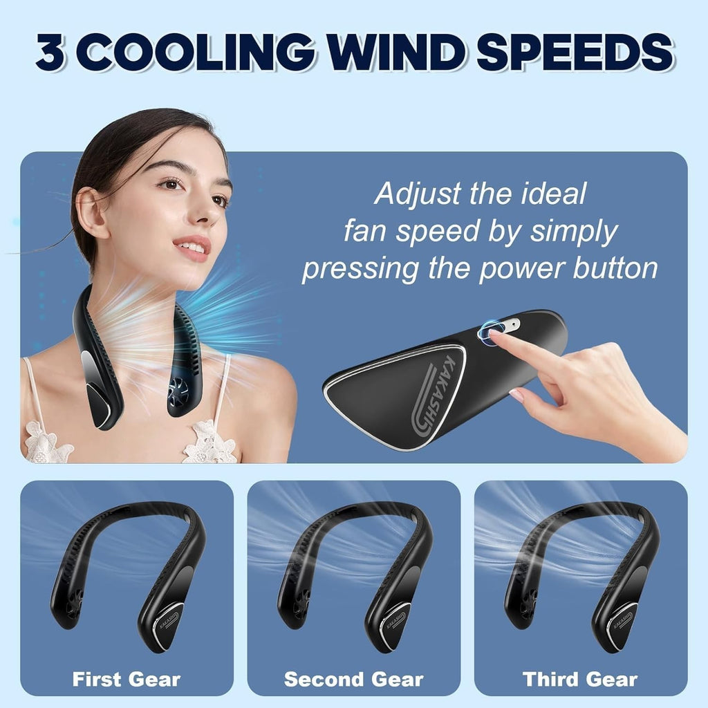 6000mAh Portable Neck Fan – Bladeless 3-Speed Quiet Wearable Cooling Fan Black