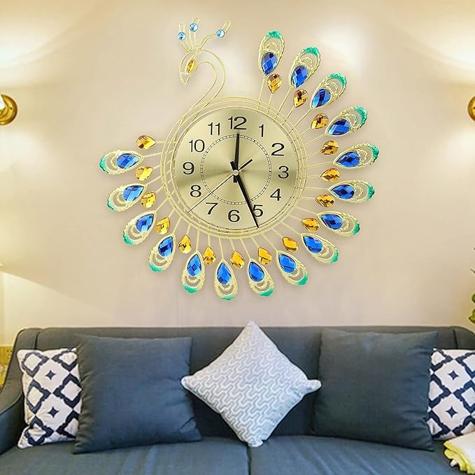 Large 3D Peacock Wall Clock Silent Luxury Metal Decorative Art 37cm Home
