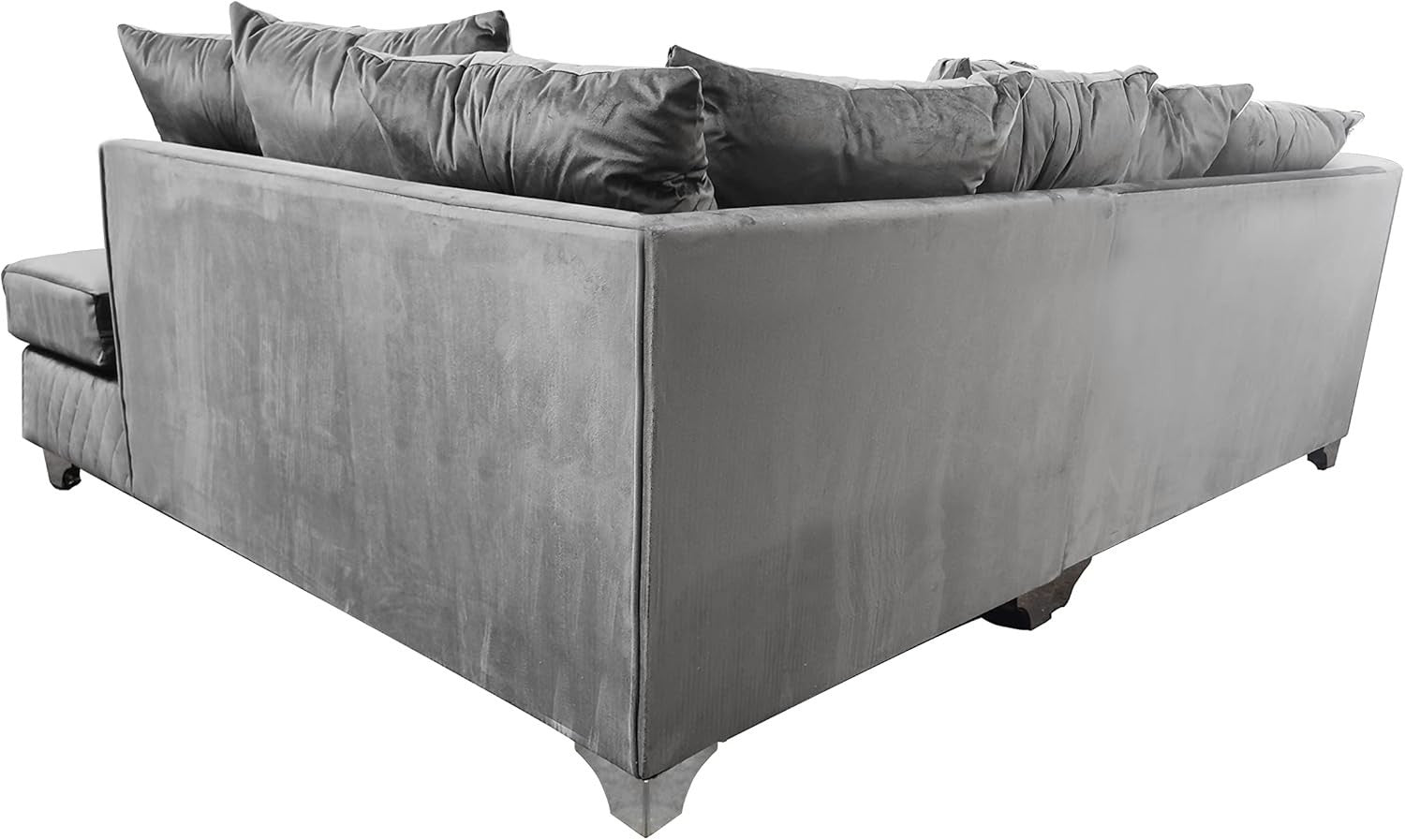 Grey Plush Velvet Corner Sofa RH L-Shape 3-4 Seater with Chrome Feet