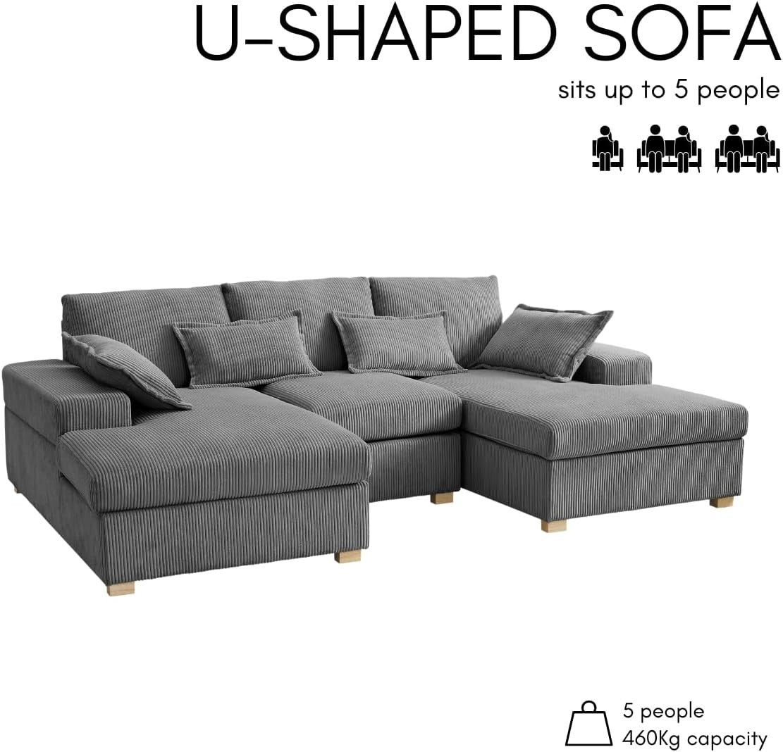 U-Shape Jumbo Cord Sofa Dark Grey 4-Seater | Deep Seat + Optional Footstool