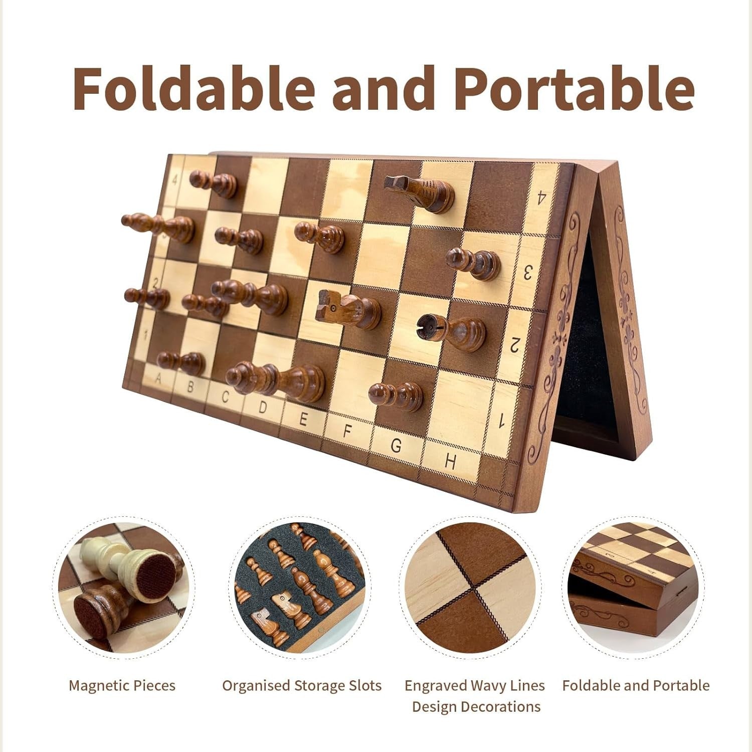 Luxury 15.7" Magnetic Folding Wooden Chess Set with Storage Slots Travel Game