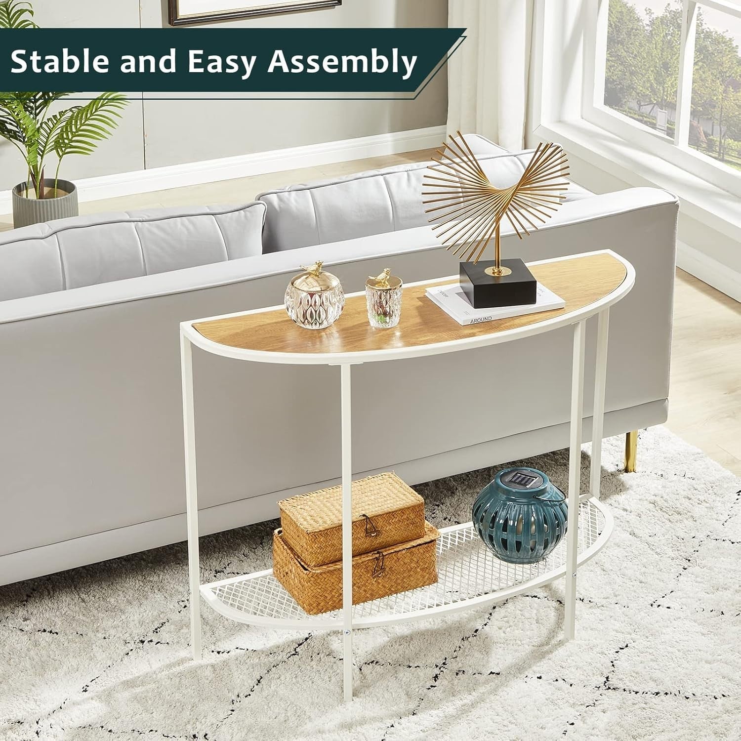 Slim Half Moon Console Table with Shelf, Narrow Hallway Entryway Table