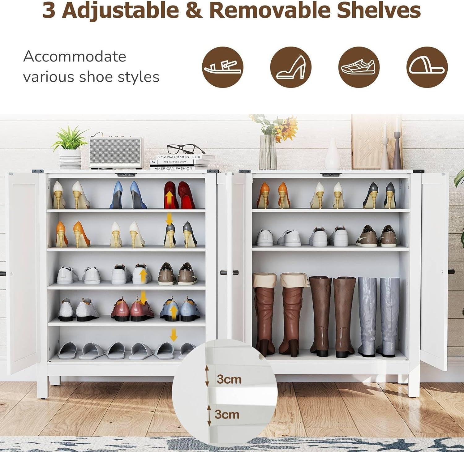 Adjustable 5-Shelf Wooden Shoe Cabinet with Magnetic Doors & Anti-Tip Safety