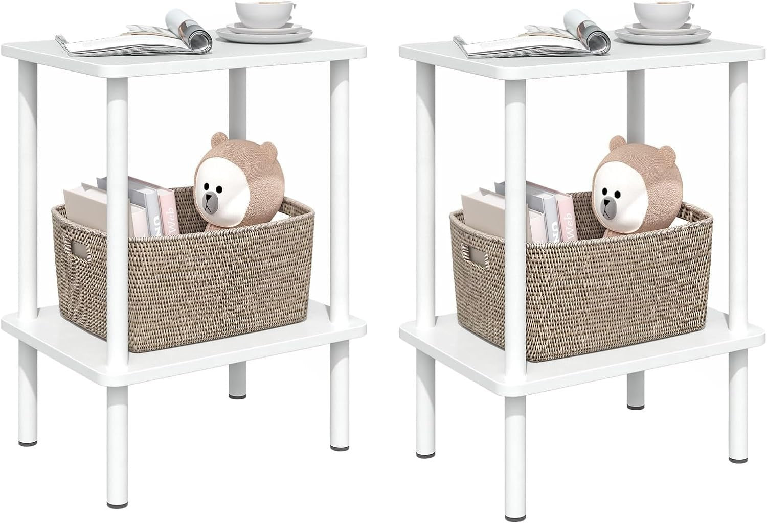 Set of 2 Narrow 2-Tier White Side Tables – Small Space Bedside Storage