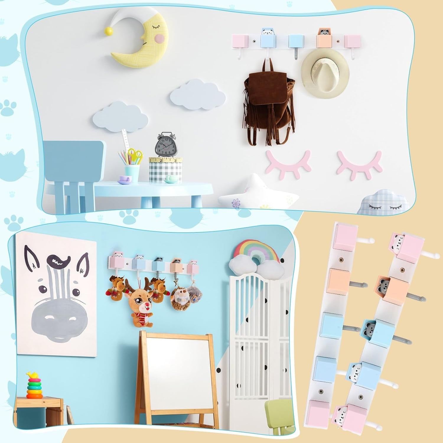Kids Wall Coat Hook Rack 2 Pack Rainbow Design Foldable Hooks for Bedroom Playro