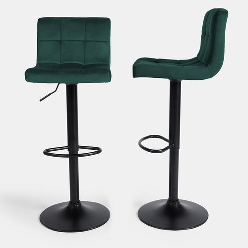 Set of 2 Adjustable Teal Velvet Bar Stools with Swivel & Footrest