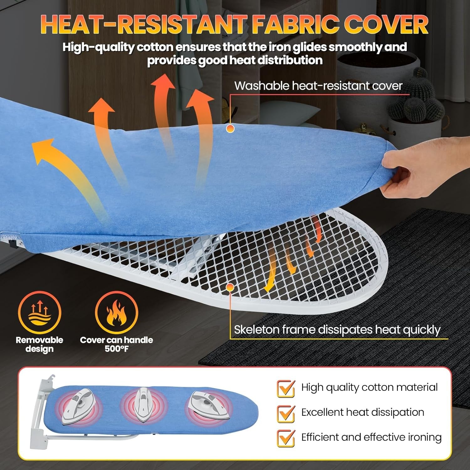 Wall Mounted Folding Ironing Board 180° Rotating Heat Resistant Cover