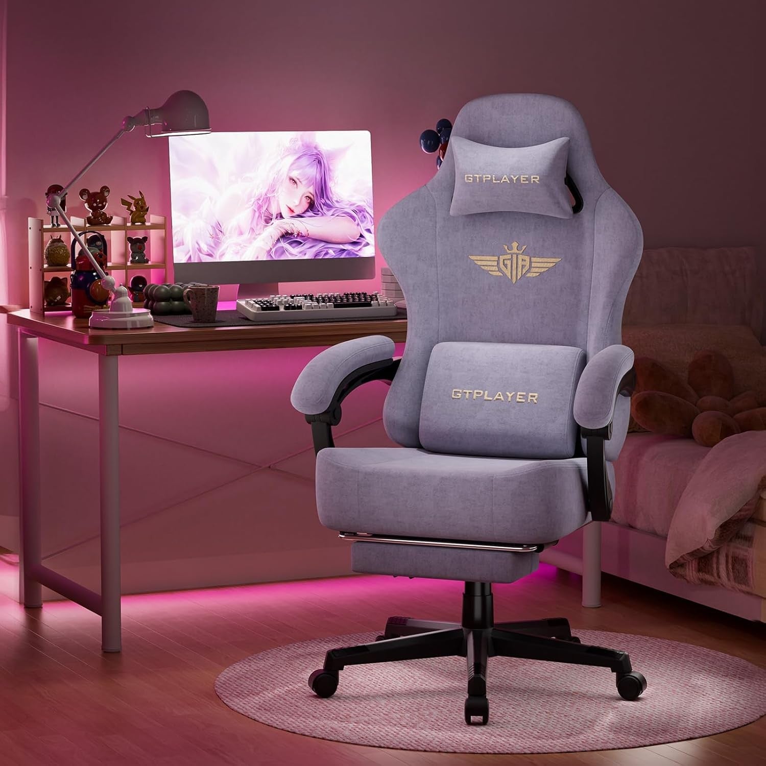 Ergonomic Fabric Gaming Chair w/ Footrest Recliner Macaron Purple