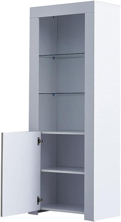 Tall LED Display Cabinet Grey High Gloss Glass Shelves Modern Showcase Cupboard