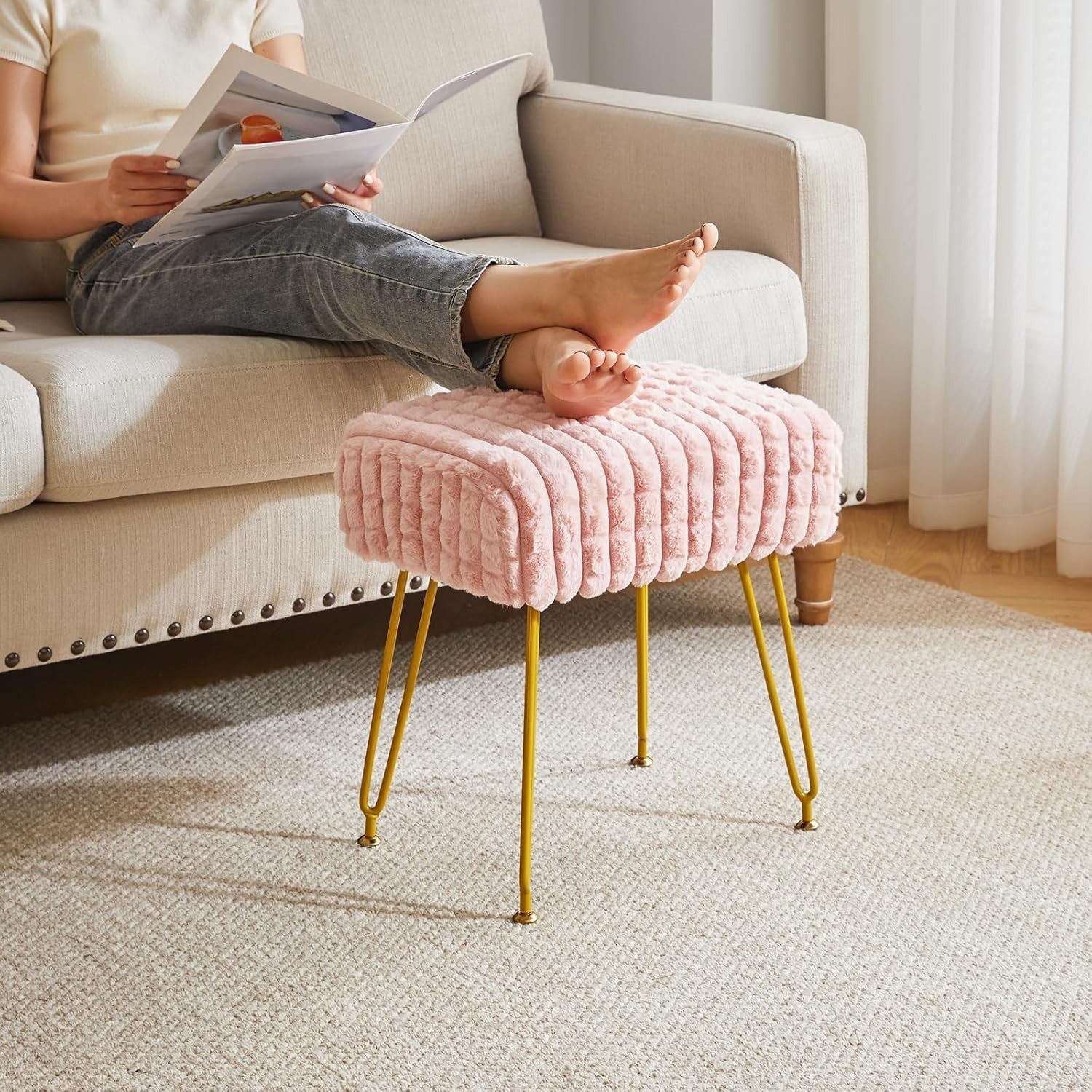 Pink Velvet Footrest Stool Ottoman – Gold Legs, Compact Vanity Seat & Side Table