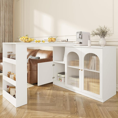 360° Rotating Kitchen Island with Glass Doors & Multiple Storage Shelves White
