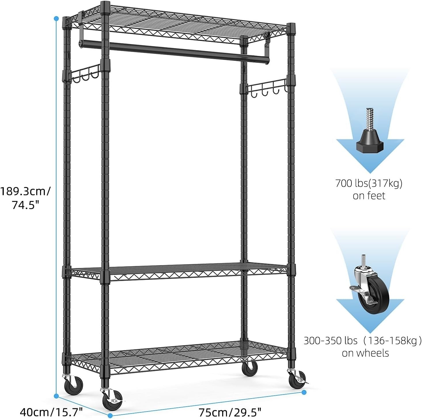 Heavy Duty Black Garment Rack – 3 Tier, 189cm with Wheels