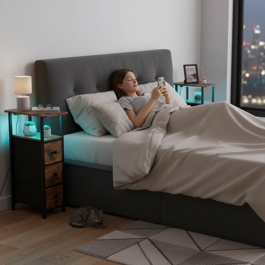 Slim Bedside Tables Set of 2 with LED Light, Charging Ports & Storage Drawers