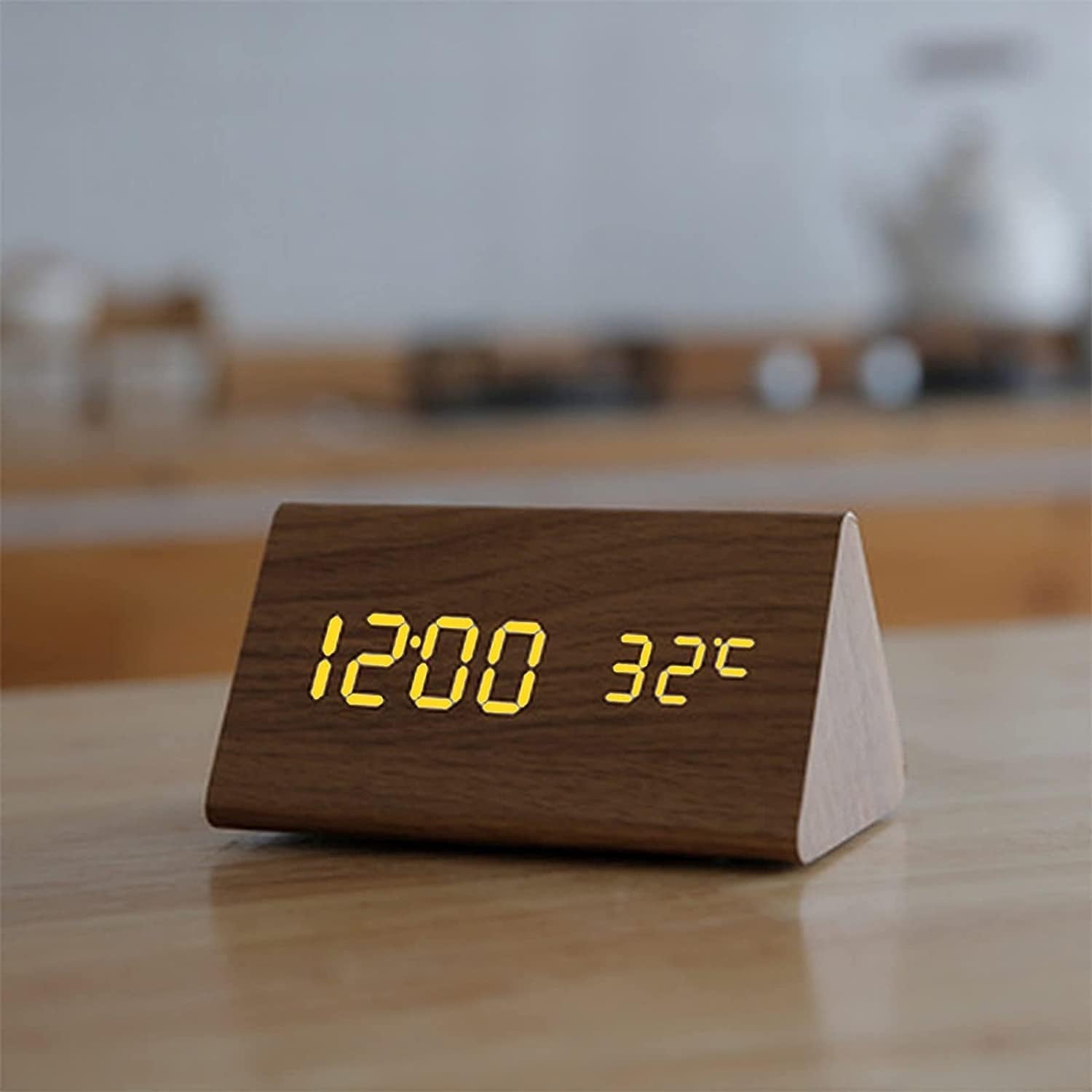 Wooden LED Digital Alarm Clock Silent Bedside Snooze Temperature Display