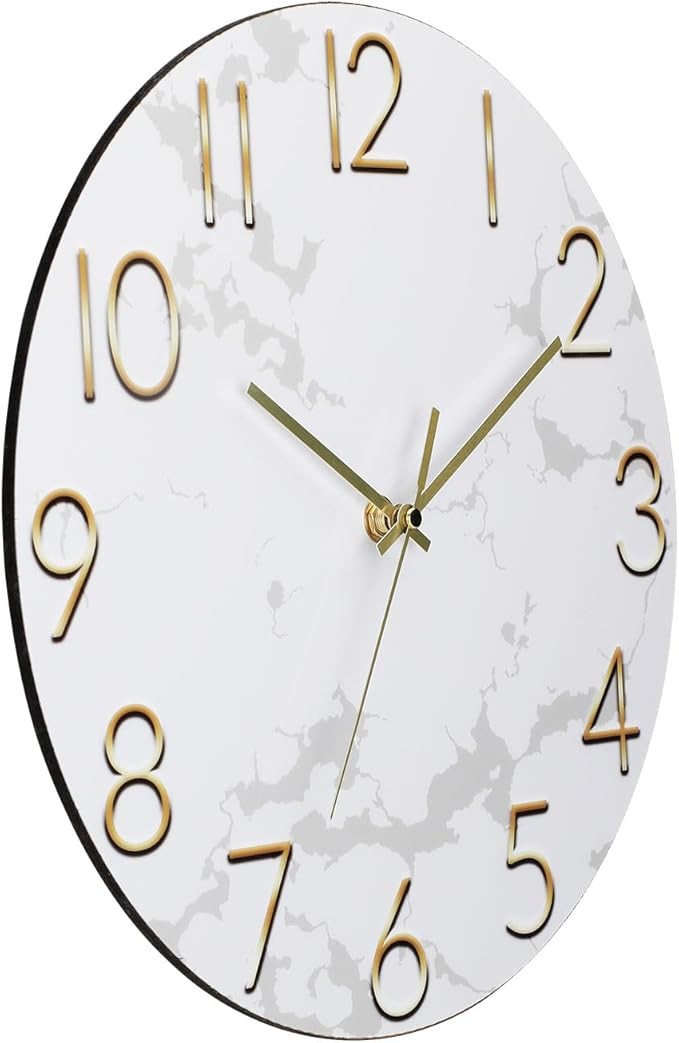 Modern 12 Inch Gold Wall Clock Silent Non-Ticking Luxury Marble Effect Decor