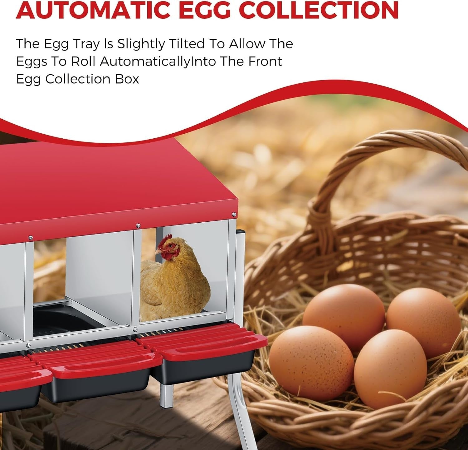 4 Chamber Galvanised Steel Chicken Nest Box Pull Out Tray Red