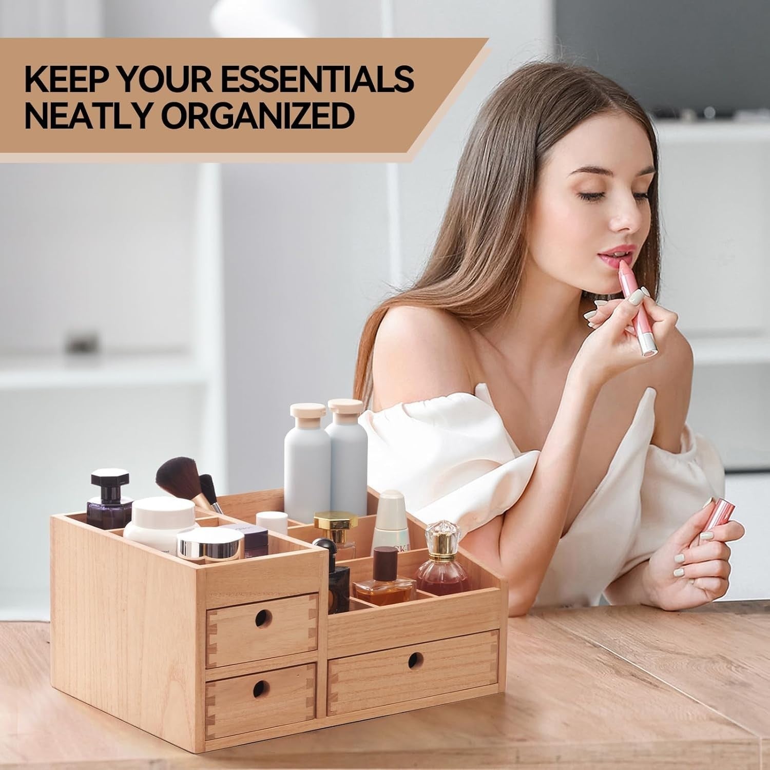 Wooden Makeup Organizer with 8 Drawers & Large Cosmetic Storage Box