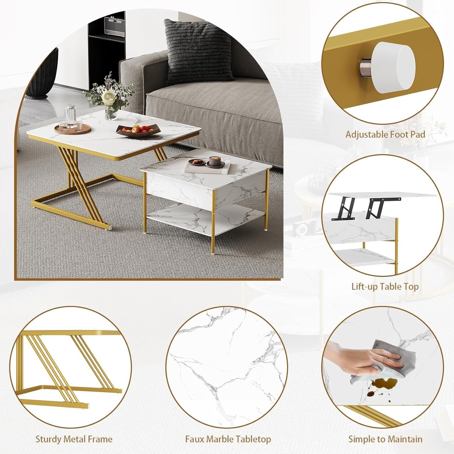 Nesting Coffee Table Set 2 Square Lift Top Storage Gold White Living Room