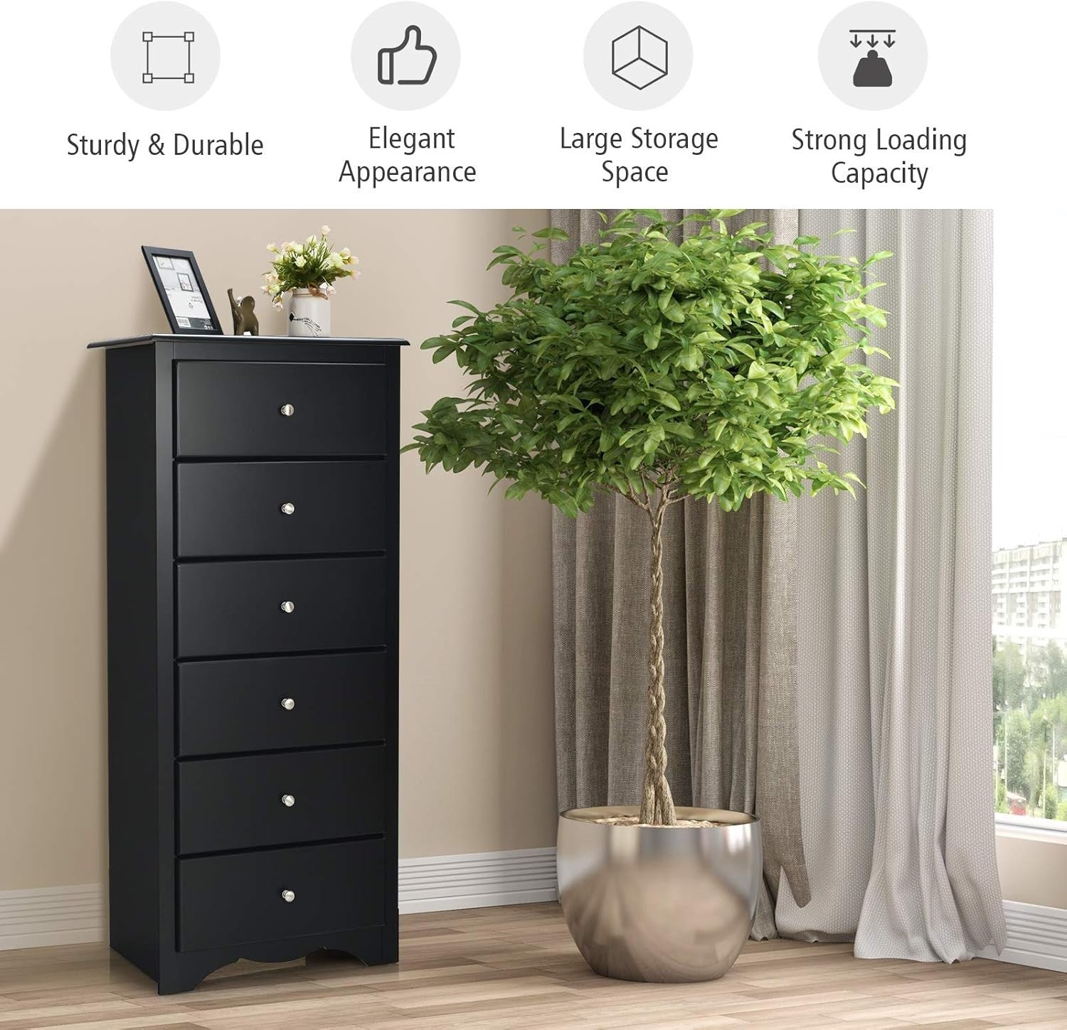 6-Drawer Tall Wooden Dresser Cabinet for Bedroom, Hallway & Living Room