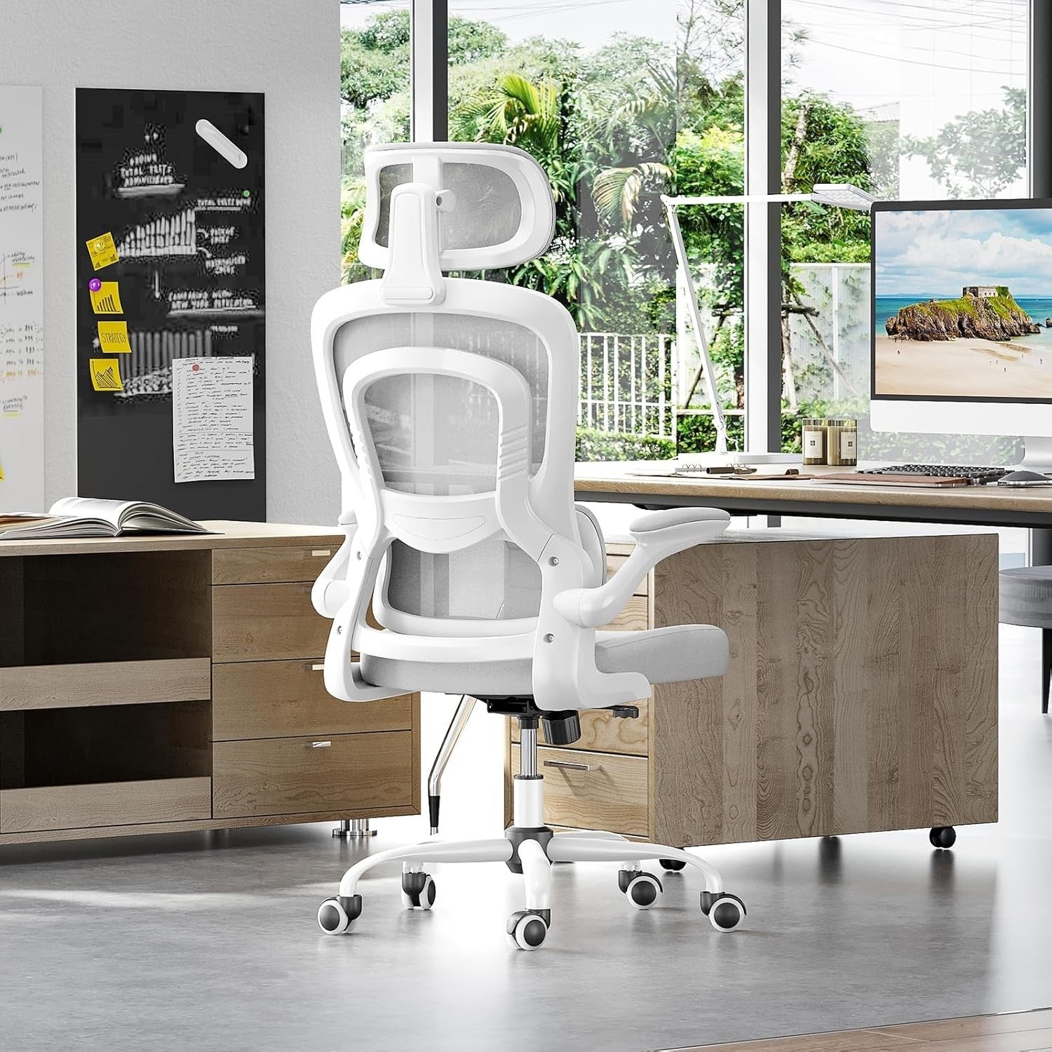 Ergonomic Office Chair Mesh Swivel Desk w/ Headrest Flip-Up Arms White/Gray 14kg