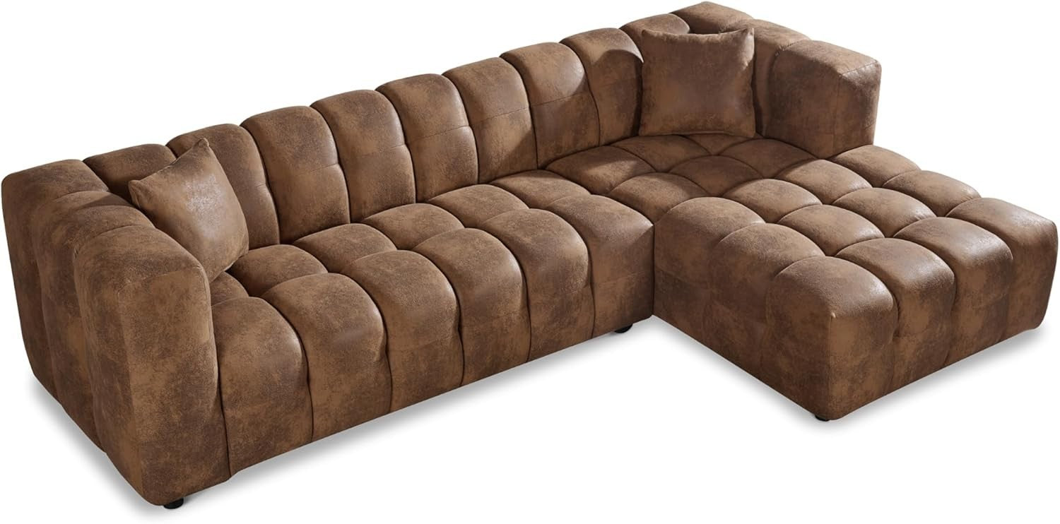 Brown Faux Leather 6-Seater Sectional Sofa with Ottoman & Tufted Design