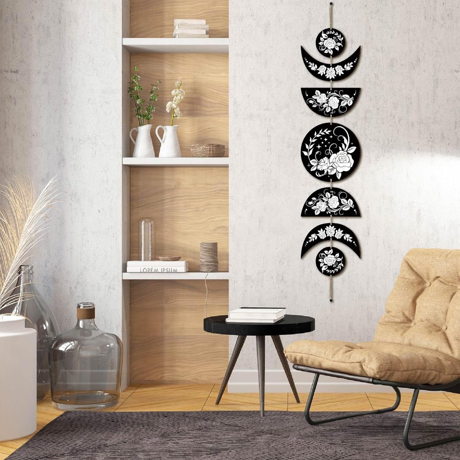 Rose Moon Phase Wall Hanging Boho Wooden Witchy Decor 7pcs