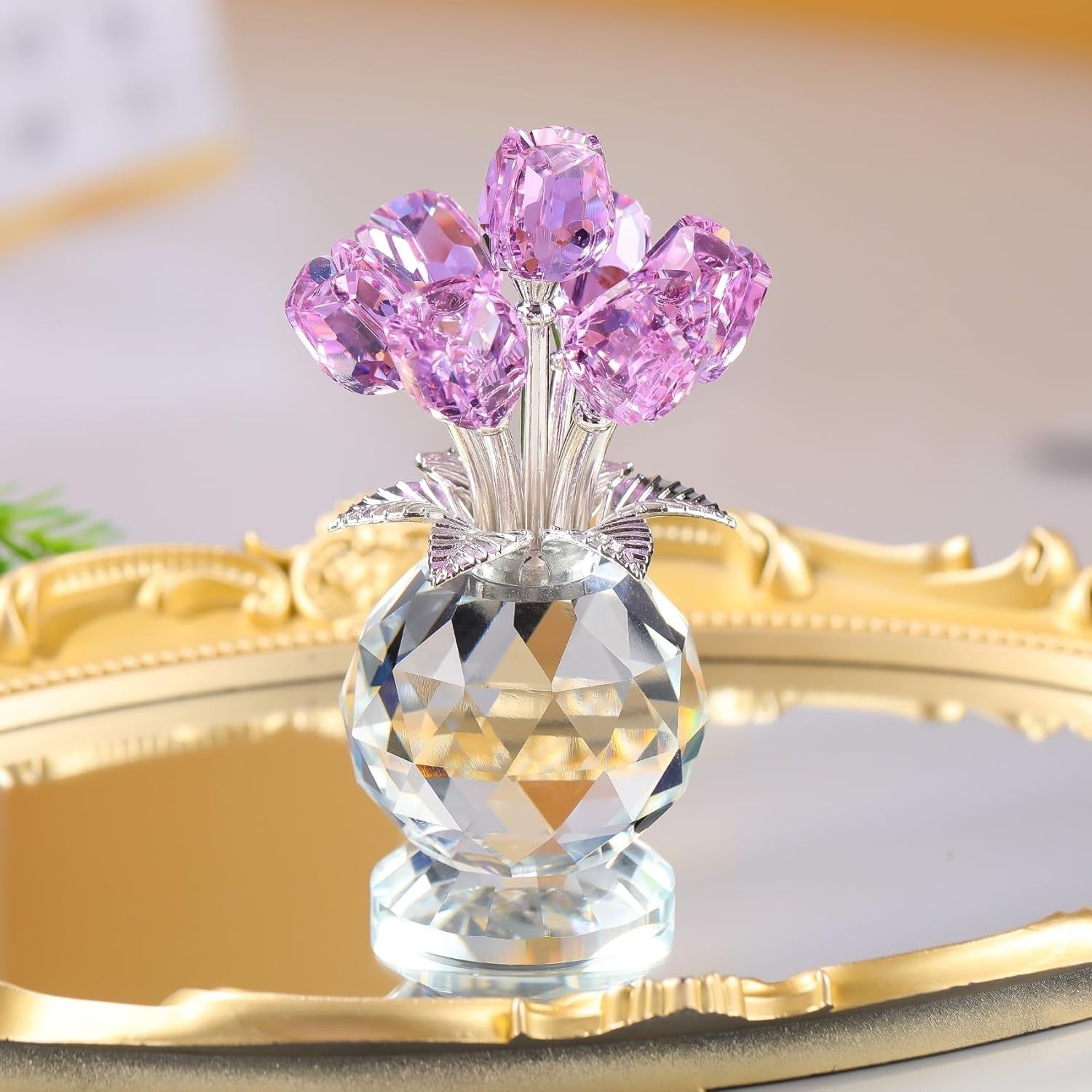 Purple Crystal Tulip Ornament – Luxury Glass Flower Bouquet Gift for Her Décor