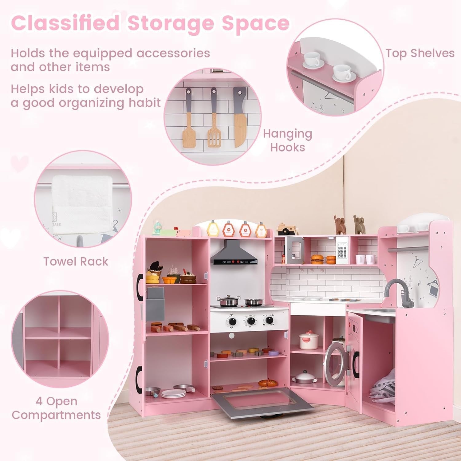 Kids Corner Play Kitchen Wooden Toy Set Light Sound Ice Dispenser Pink