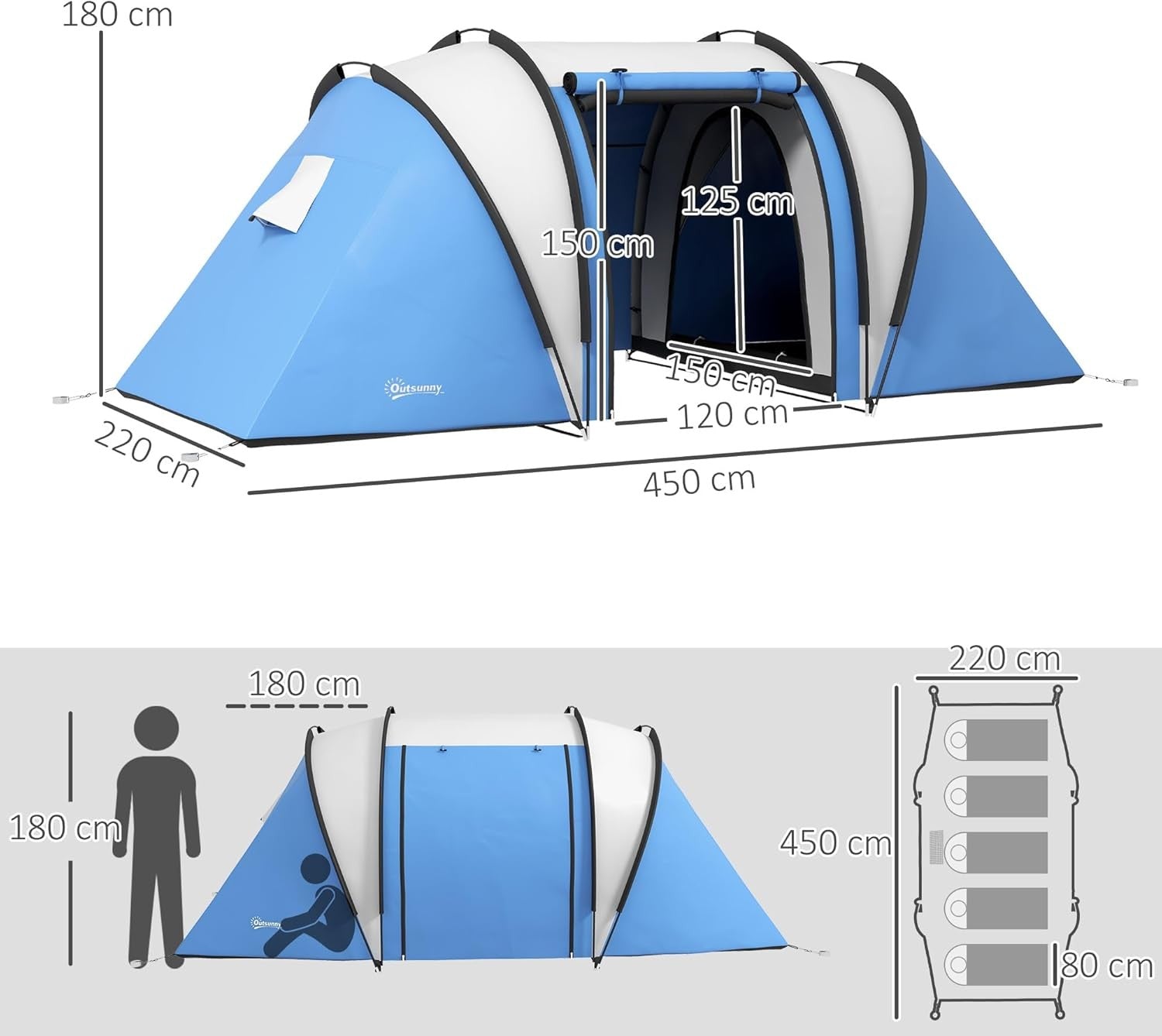 4-5 Person Family Tunnel 3000mm Waterproof 2 Bedroom