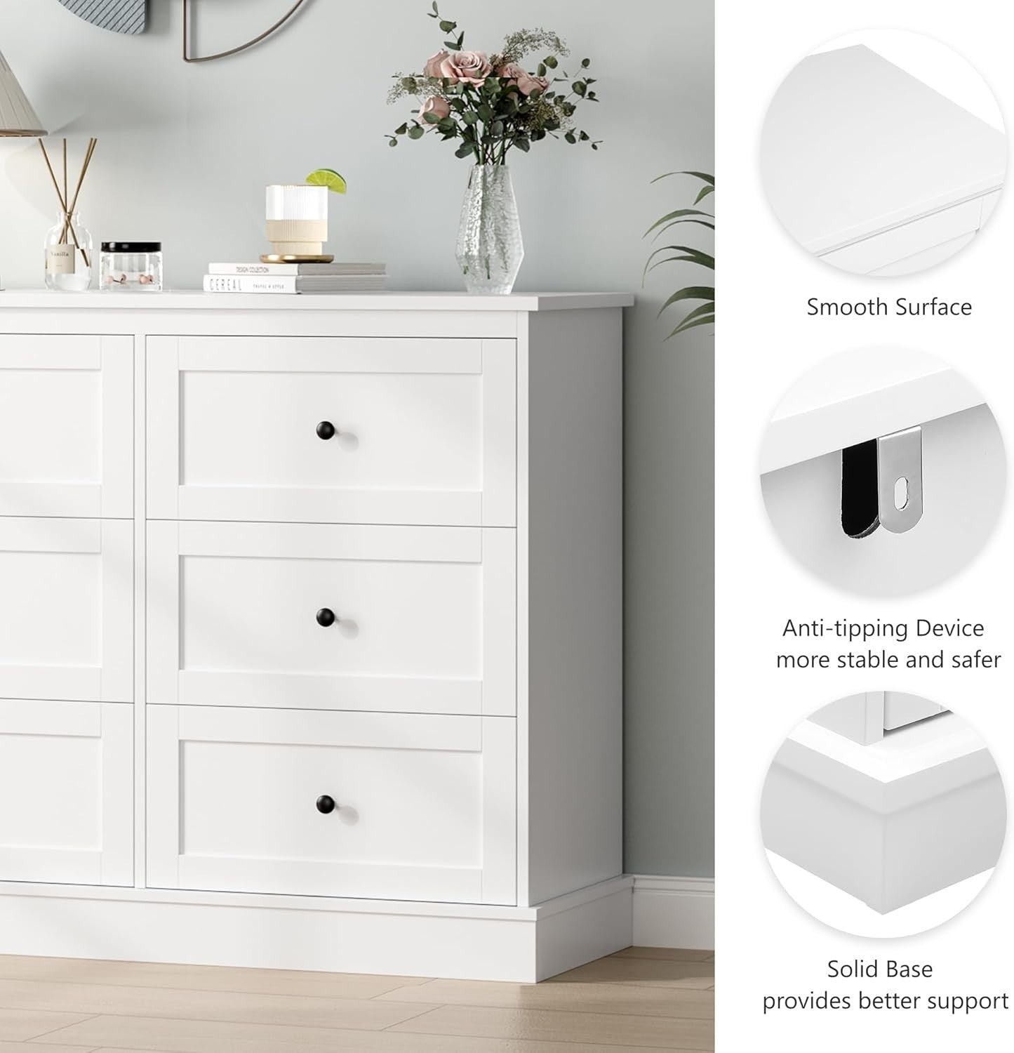 6 Drawer White Wooden Storage Cabinet Chest Sideboard Dresser 108x40x87cm