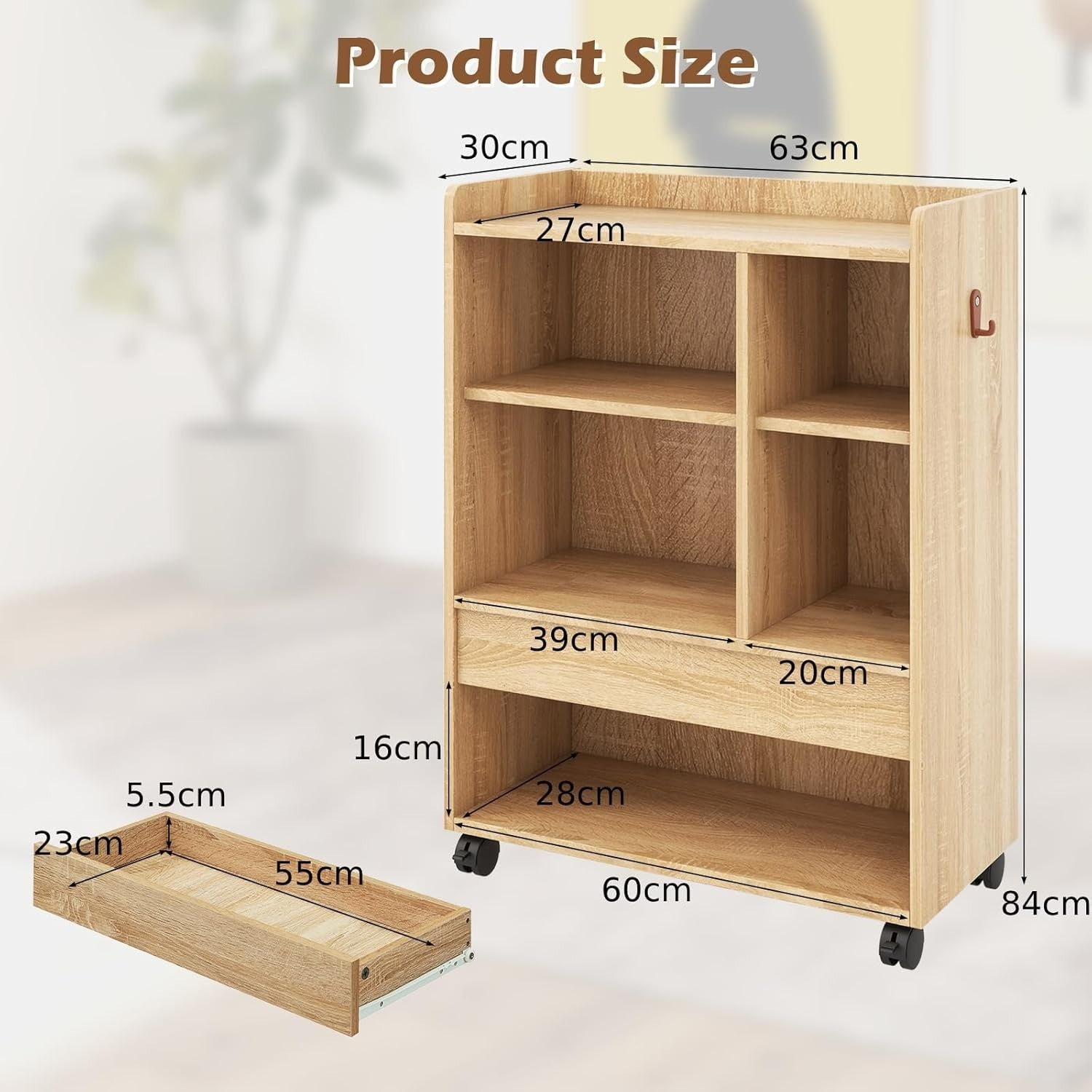 Mobile Bedside Table with Drawer & Shelves | Natural Wood Side Table on Wheels