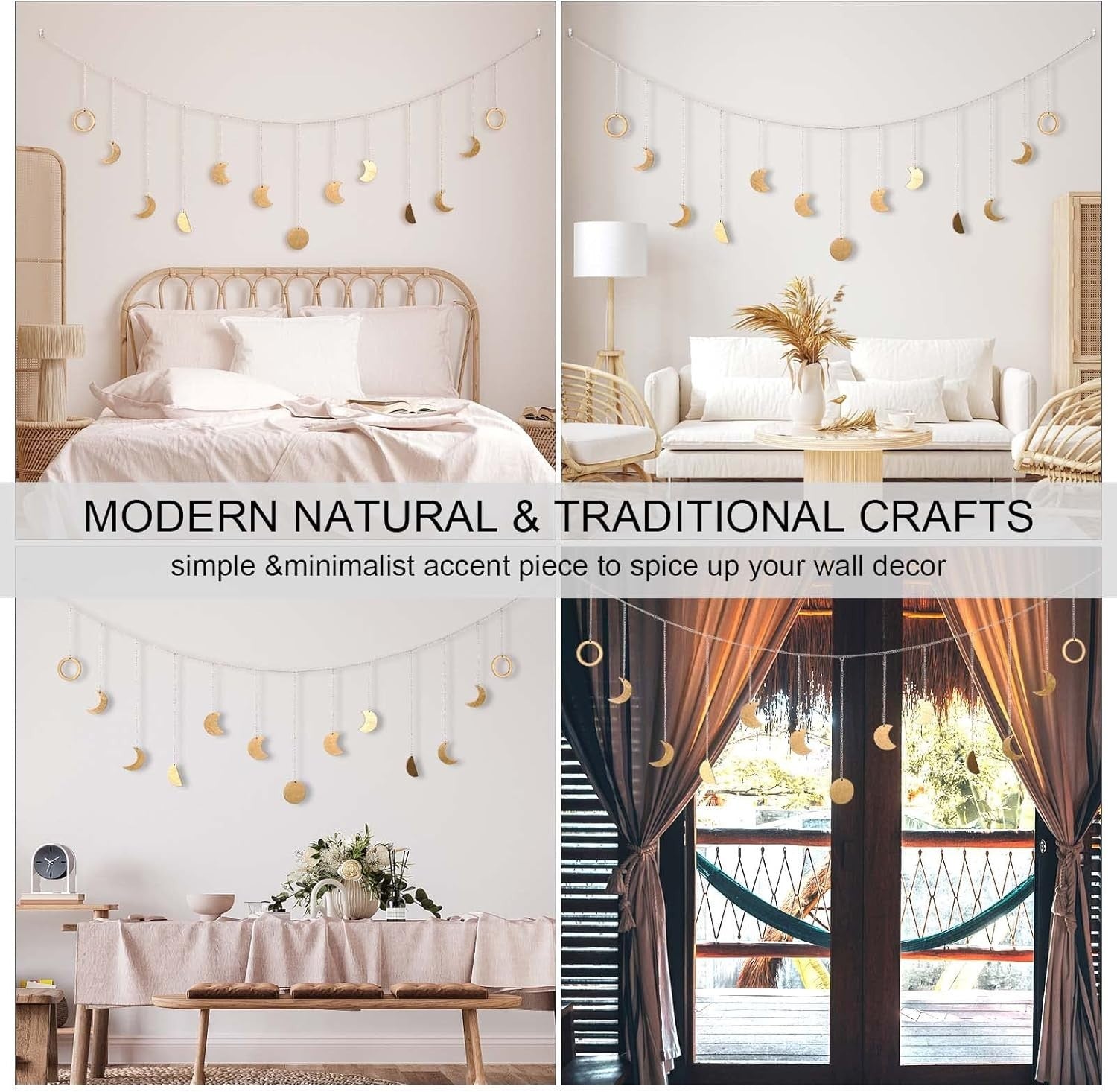 Boho Moon Phase Wall Hanging LED 13 Gold Moons 56in Decor