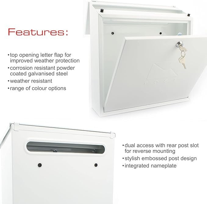Lockable Wall Mounted Post Box White Contemporary Steel Weatherproof Secure