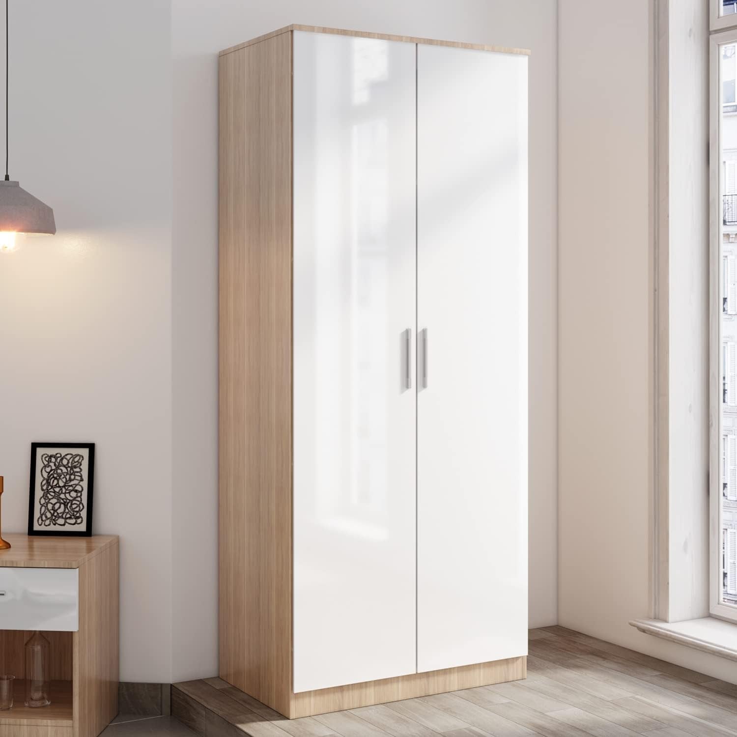 Modern High Gloss 2 Door Wardrobe White Oak Hanging Rail Bedroom Storage