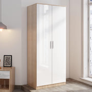 Modern High Gloss 2 Door Wardrobe White Oak Hanging Rail Bedroom Storage