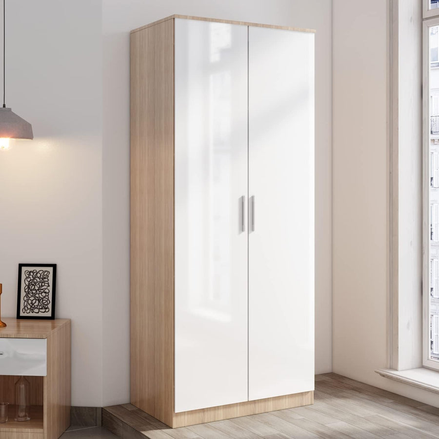 Modern High Gloss 2 Door Wardrobe White Oak Hanging Rail Bedroom Storage
