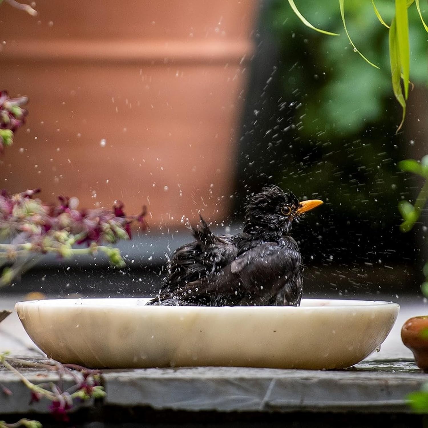 30cm White Marble Bird Bath Bowl – Garden Wildlife Oasis for Birds & Bees