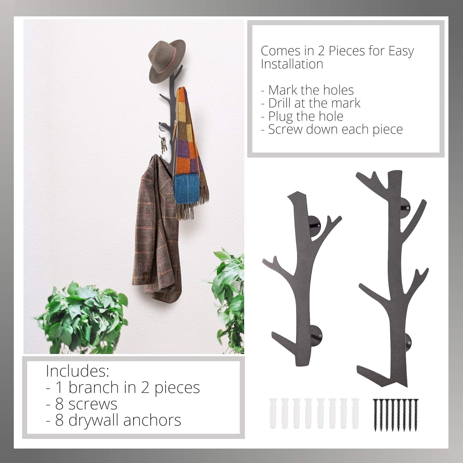 Black Metal Tree Branch Wall Mounted Coat Rack | 8 Hooks Modern Rustic