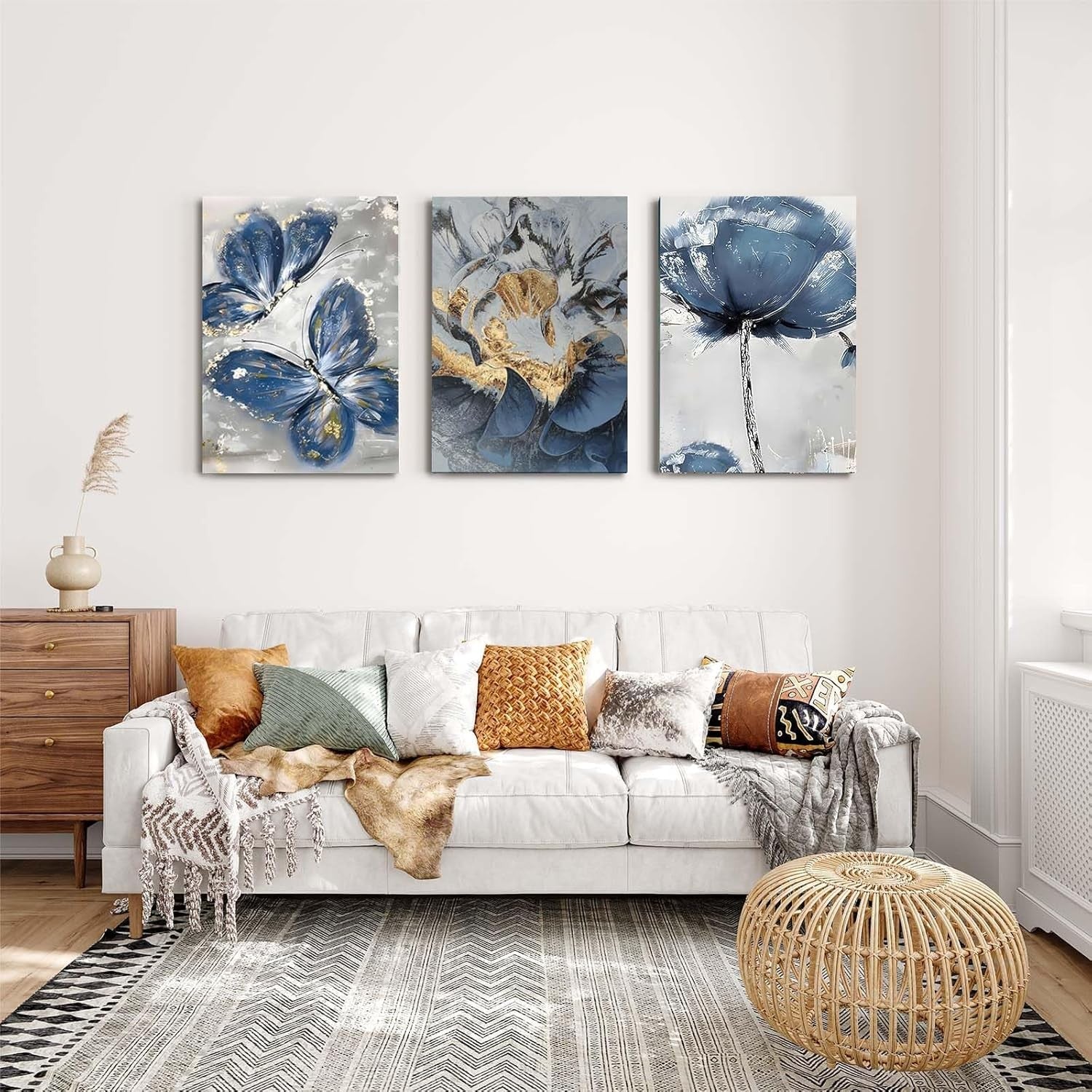 Blue Floral Butterfly Canvas Wall Art Set of 3 Framed Prints 12x16 Decor