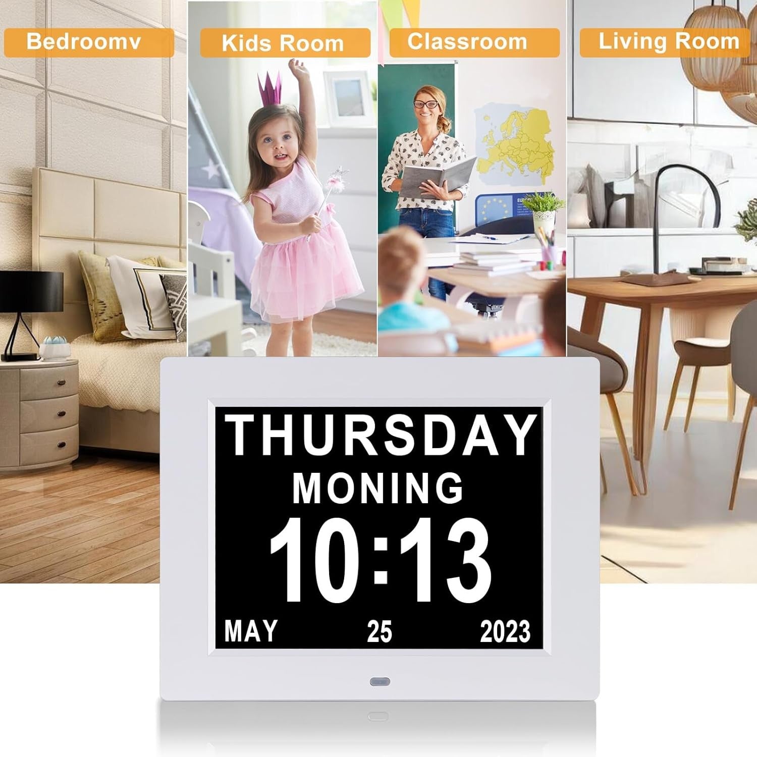 Digital Dementia Day Calendar Alarm Clock 8” Large Display White