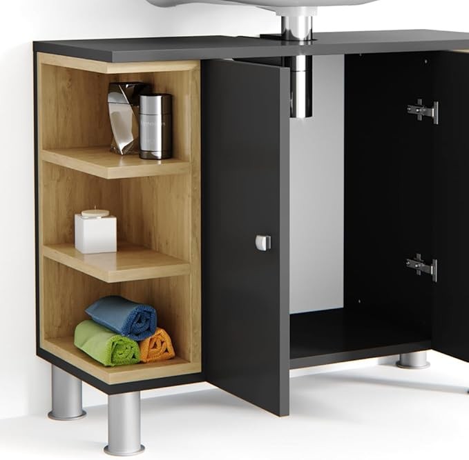 Anthracite Bathroom Sink Cabinet 79x64x32cm Oak Storage Unit with Shelves
