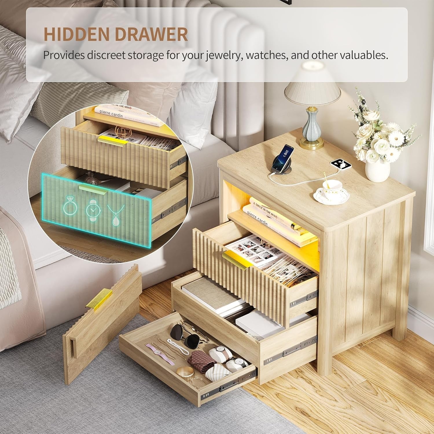 24" Natural Wood Bedside Table with Charging Station, LED Light & 3 Drawers