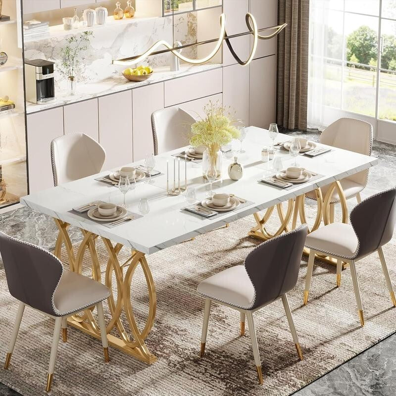 63" White Marble Dining Table with Gold Legs – 6 Seater Modern Table
