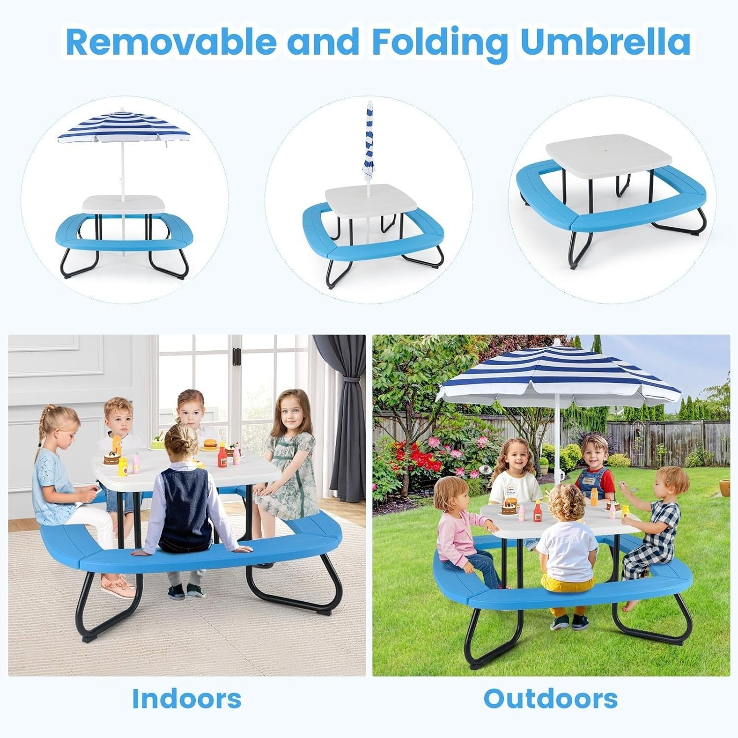 Kids Picnic Table Set 8-Seater with Adjustable Umbrella, Outdoor Garden Fun